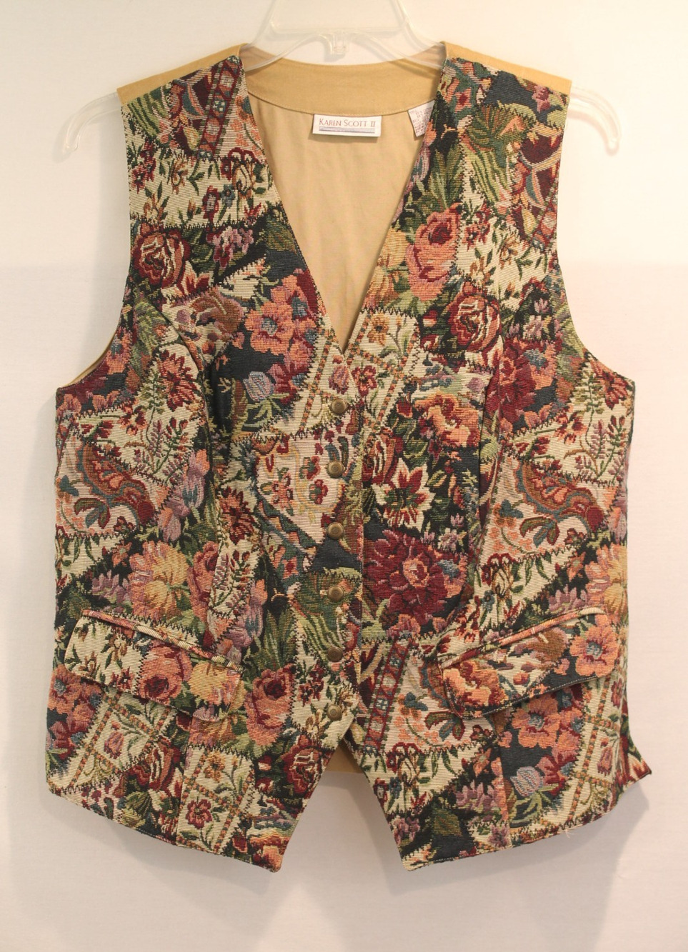 Karen Scott Vtg Floral Tapestry Vest Women size 1X Woven Patchwork Brass Button